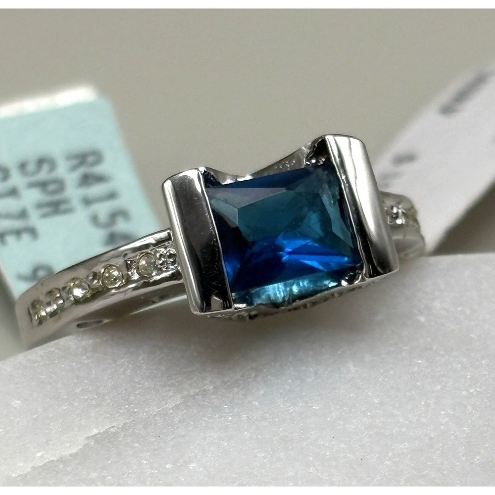 Lauren G Adams Ring 9 Blue Crystal Rhodium Plated Band Silver Tone CZ $155